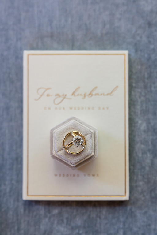 wedding invitation and rings flat lay