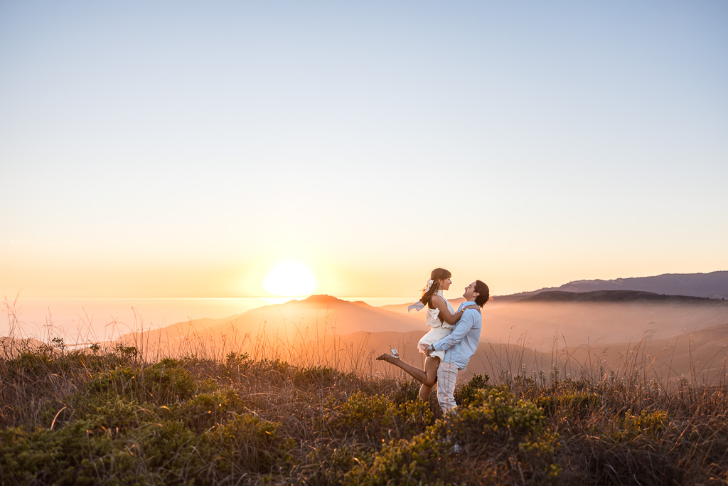 golden hour engagement photos in the hills of Marin with a sweeping view of the ocean and fog