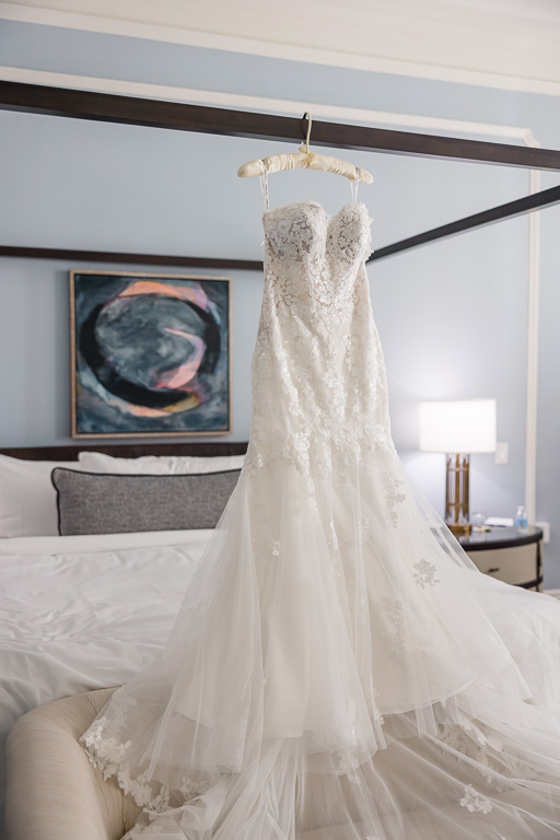 wedding dress hanging up in the bridal suite at Palace Hotel