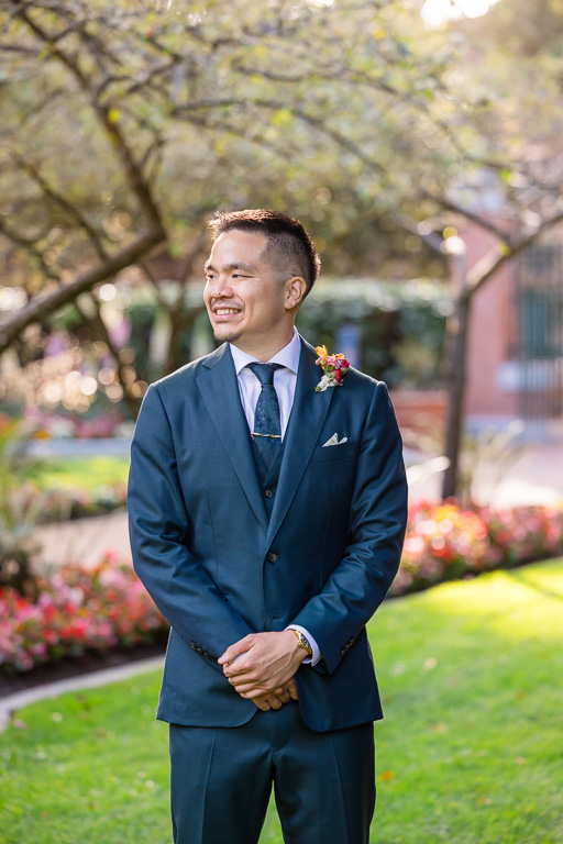 sun-kissed photo of the groom at Golden Gate Park