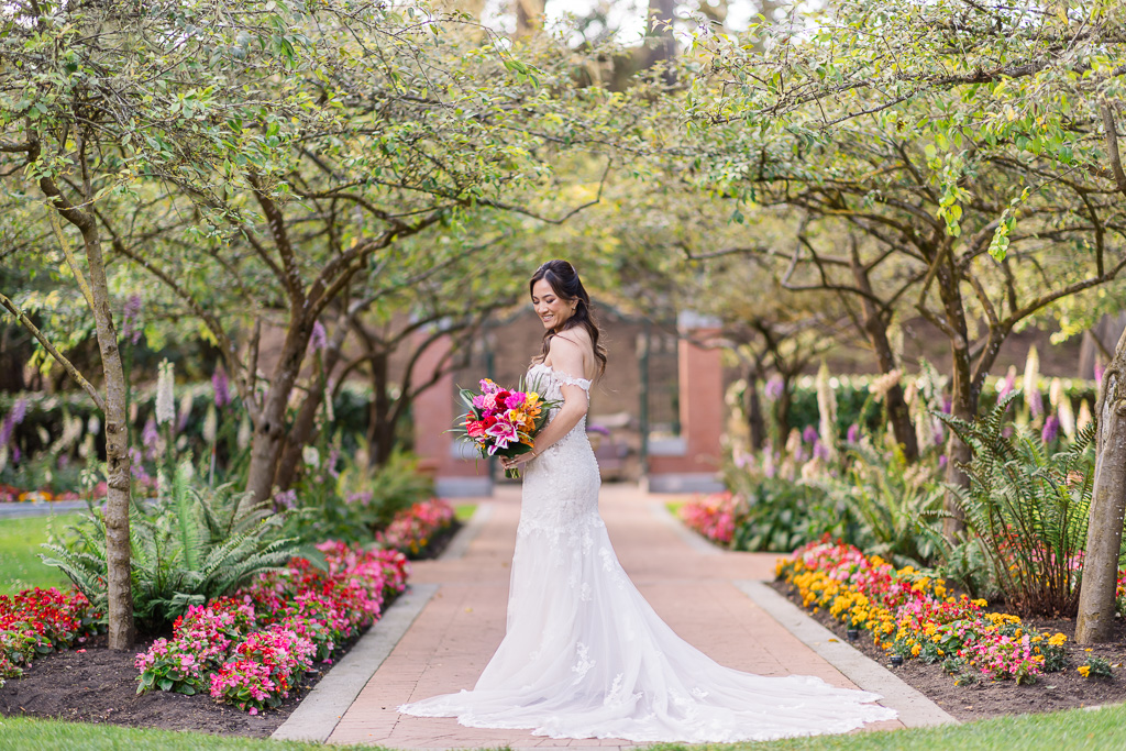 Shakespeare Garden bridal portrait in wedding dress