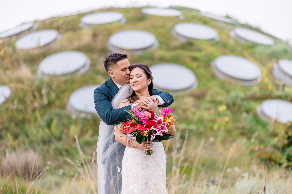 a quiet wedding day portrait on the living roof of Cal Academy