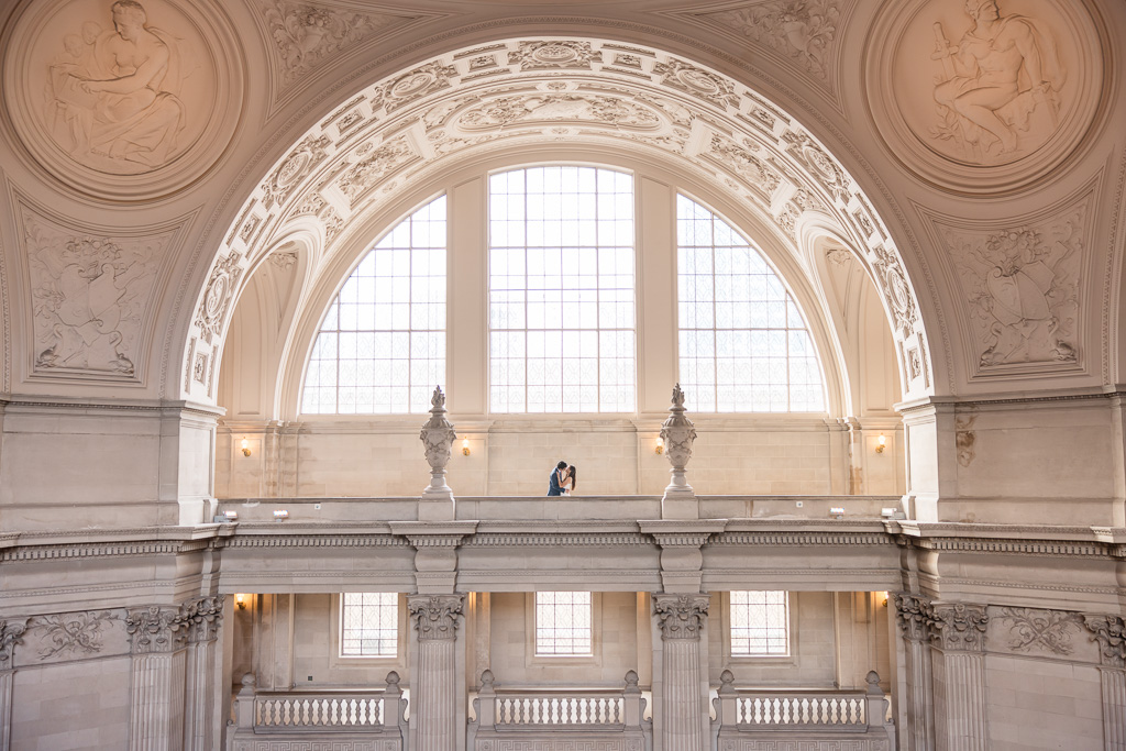 fourth floor wide angle couple portrait at San Francisco City Hall