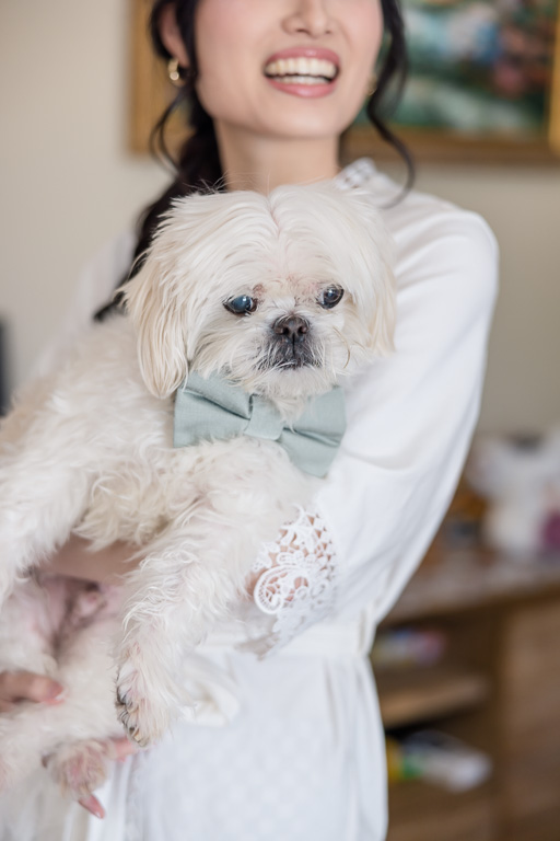 bride and her small white dog