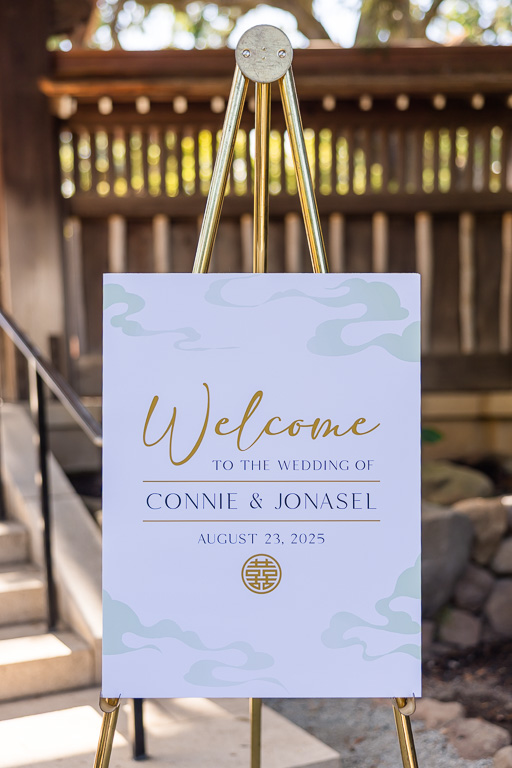 wedding welcome sign on golden easel