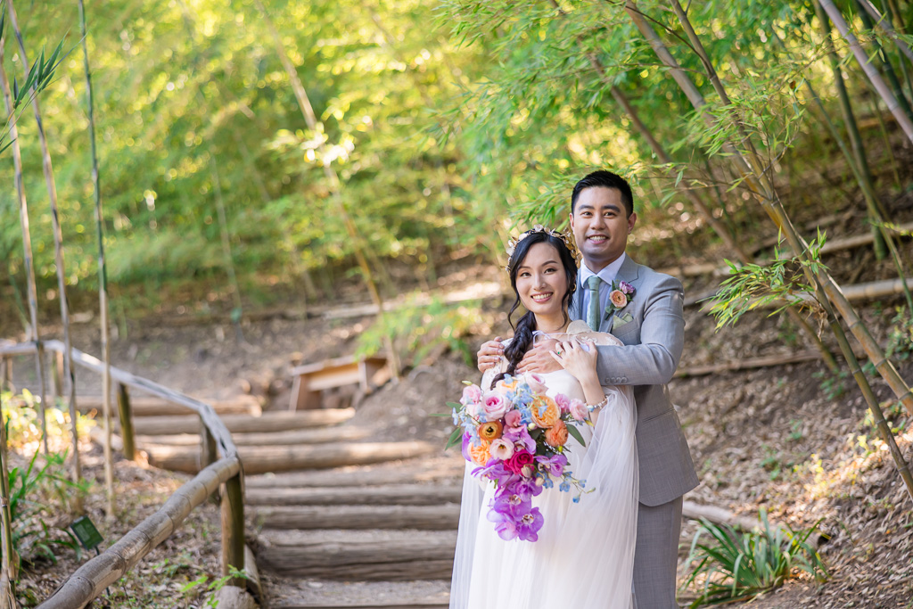 wedding photo of the bride and groom inside the bamboo forest at Hakone Gardens