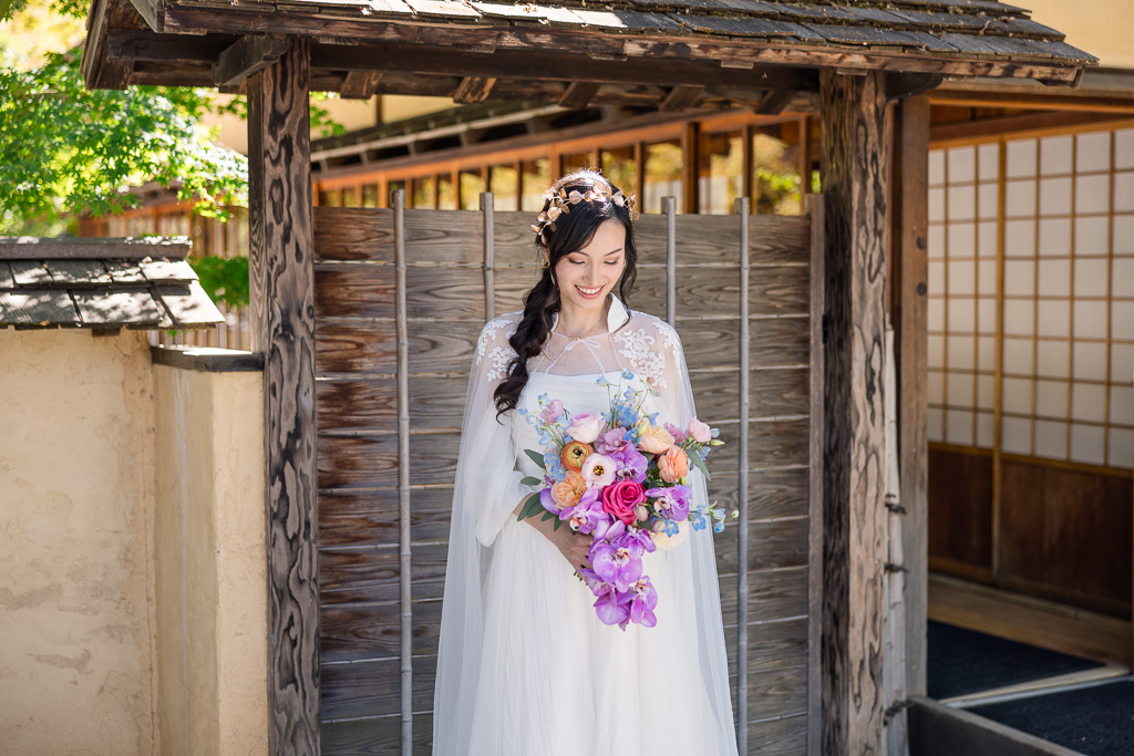 bride wearing an Elsa-inspired wedding gown at Hakone Gardens