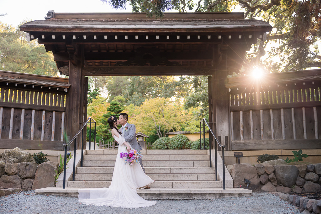 Hakone Gardens main wooden gate sunset wedding photo
