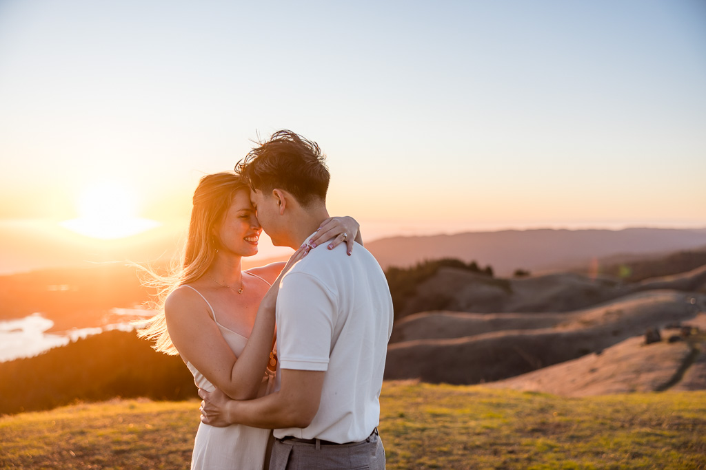golden sunset light engagement photos on Mt Tam in the hills