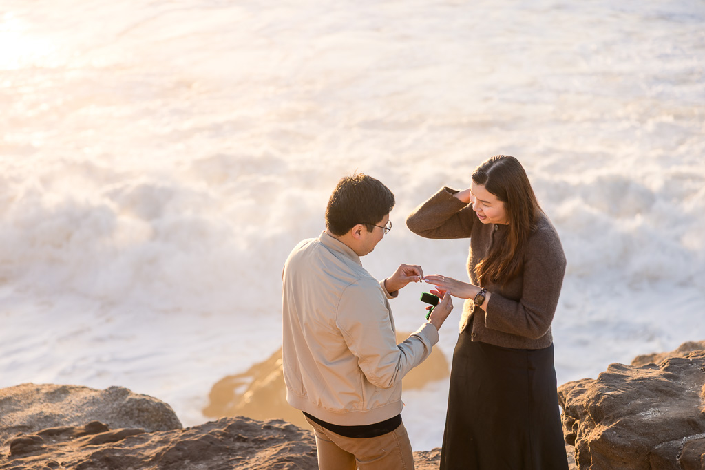 oceanside engagement at golden hour