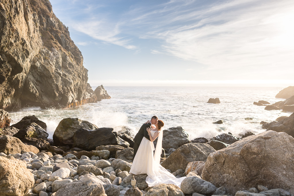 rocky beach wedding portrait