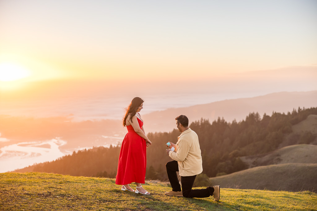marriage proposal with a red dress that pops in the sunset light