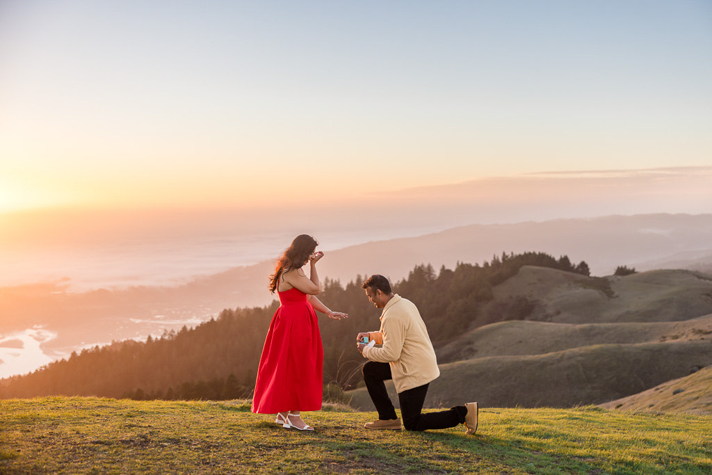 marriage proposal at Mt Tam during golden hour