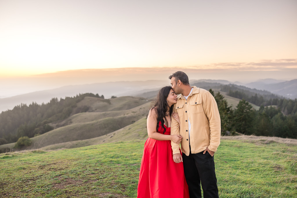 Mt Tam engagement photos in bold red dress