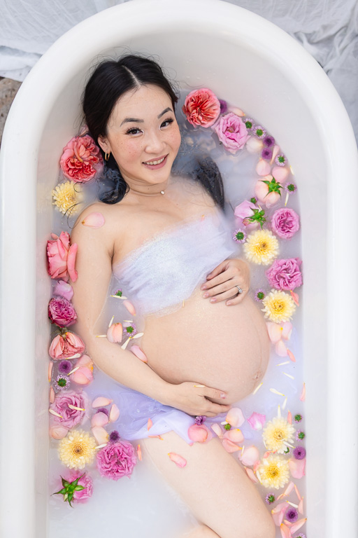 milk bath maternity floral tub shoot