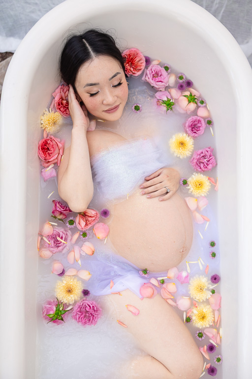 floral milk bath maternity photo