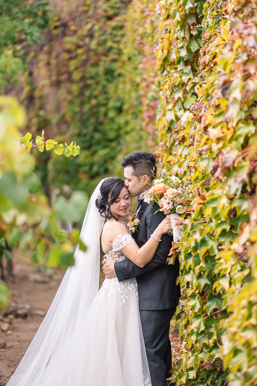 portrait of the bride and groom at vine wall in vineyards