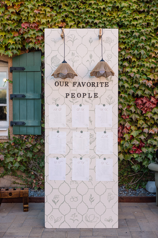 hand-made table seating chart with lanterns