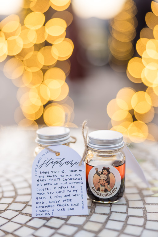 the groom's very own chili oil as wedding favors