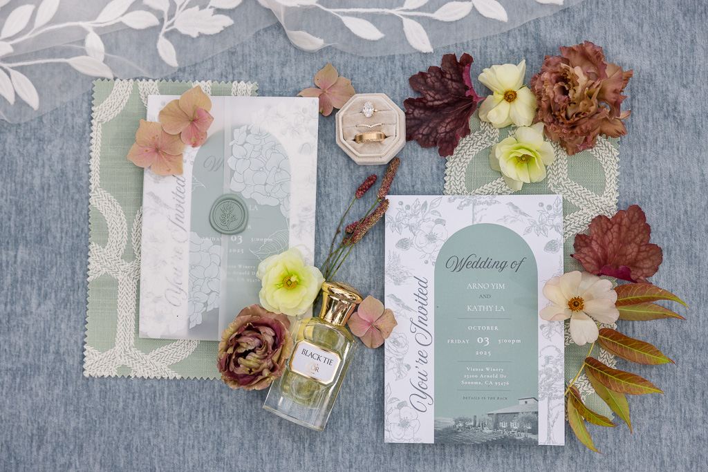 pretty wedding invitation suite flat lay