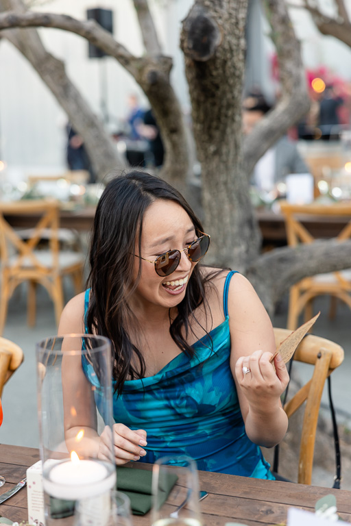 wedding guest looking at the card that the bride and groom made for her