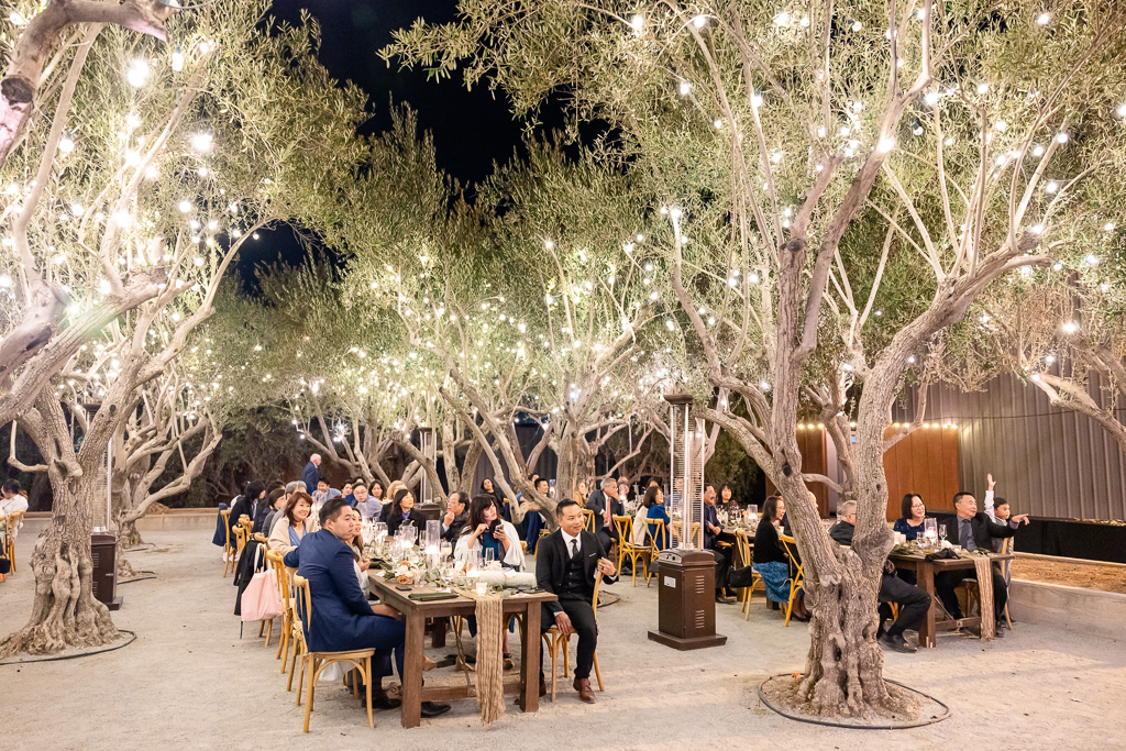 nighttime outdoor reception at MOHI Ranch with string lights in the trees