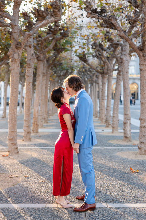 wedding photo in qipao outside San Francisco City Hall