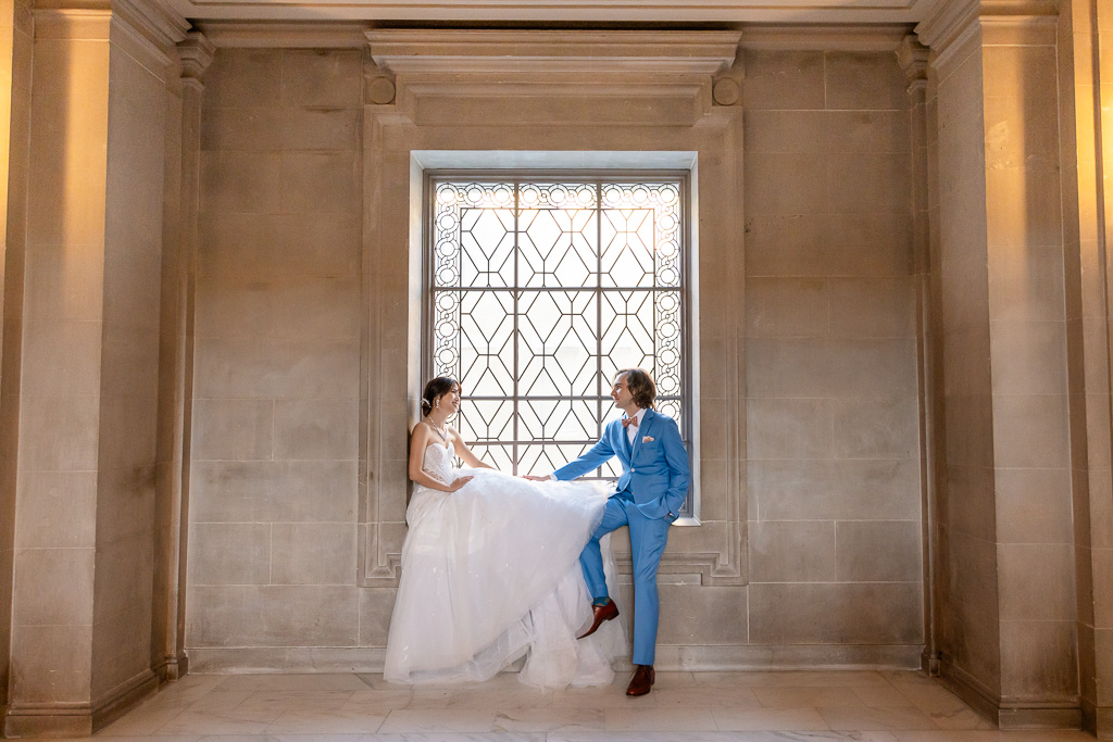 SF City Hall window wedding portrait