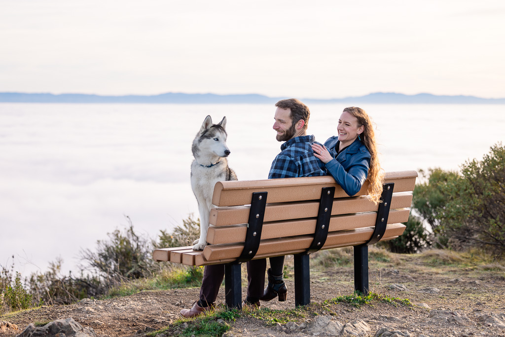 couple and dog on a wooden park bench