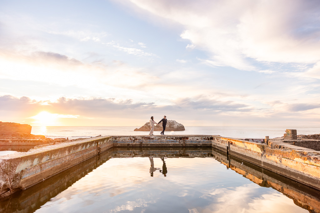 glowing sunset engagement photos at Sutro Baths