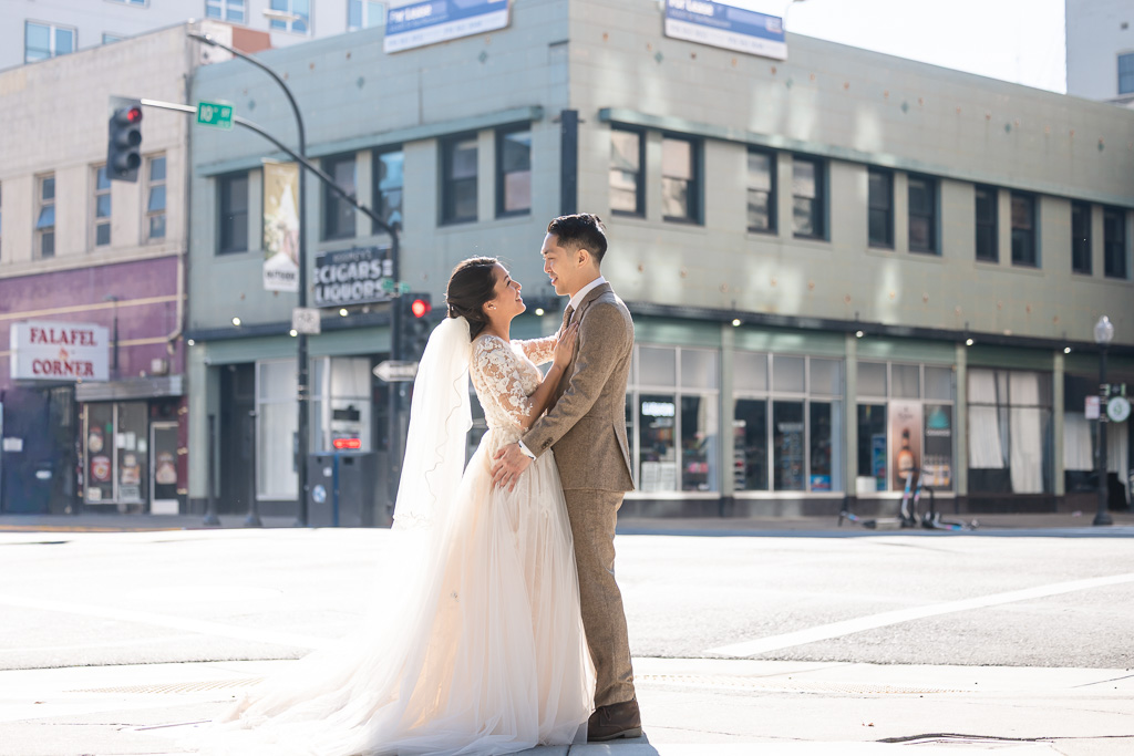 wedding photo on a random street corner in Sacramento