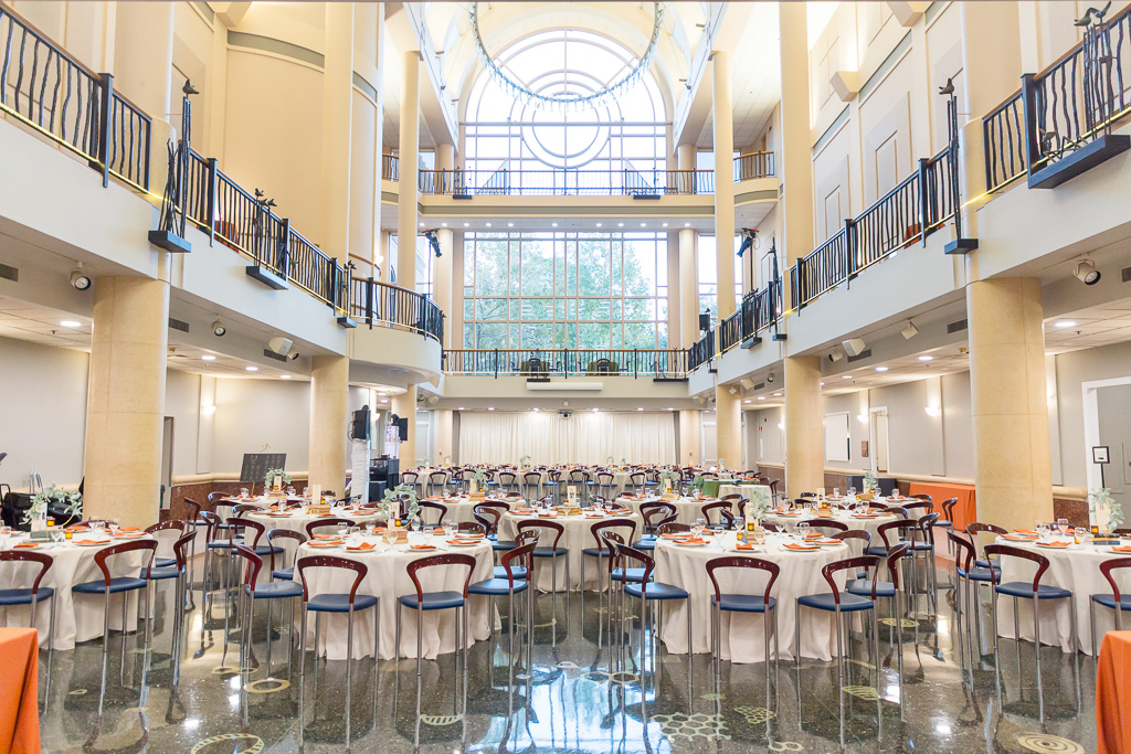 Tsakopoulos Library Galleria main atrium with tables set up for wedding reception
