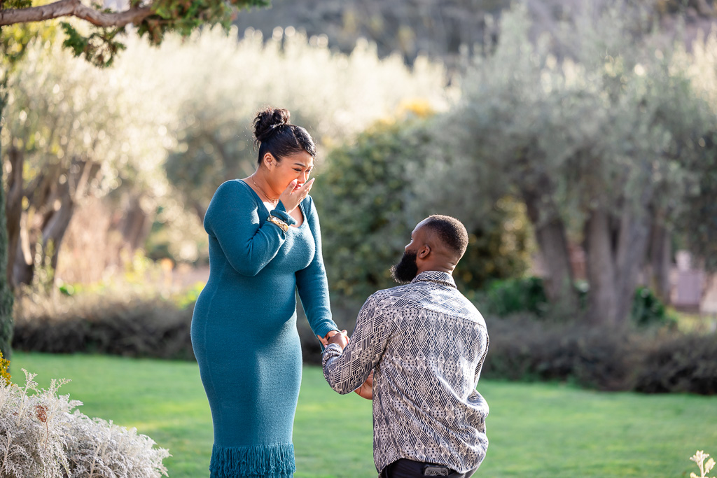 surprise proposal in a garden setting