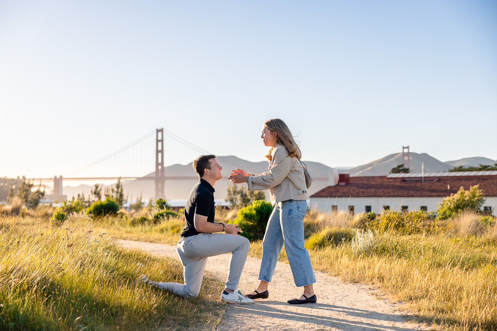 Presidio surprise proposal with the Golden Gate Bridge in the background