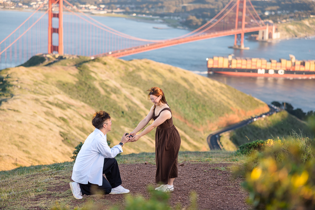 Golden Gate Bridge sunset hour vista point surprise proposal up in the hills