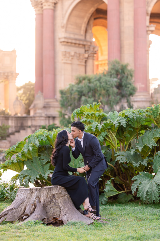 engagement photos on a tree stump