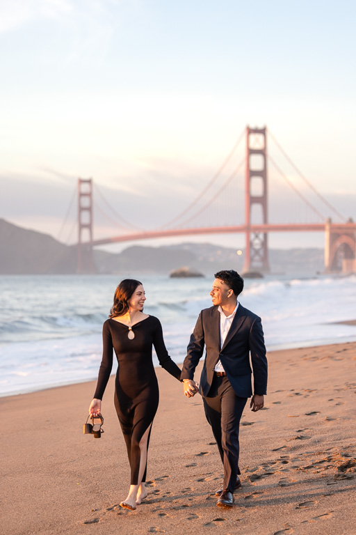 Baker Beach engagement photos dressed in all black