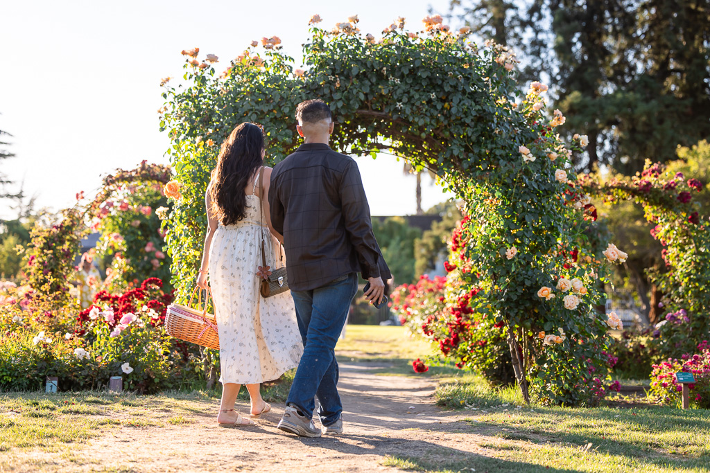 couple walking towards a rose arch in a rose garden