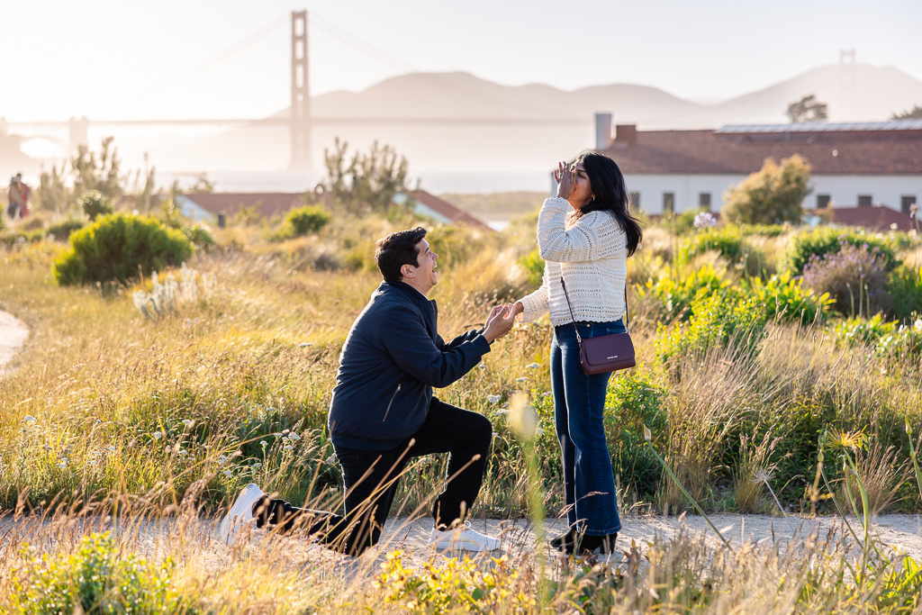 very surprise reaction to marriage proposal in the Presidio of San Francisco