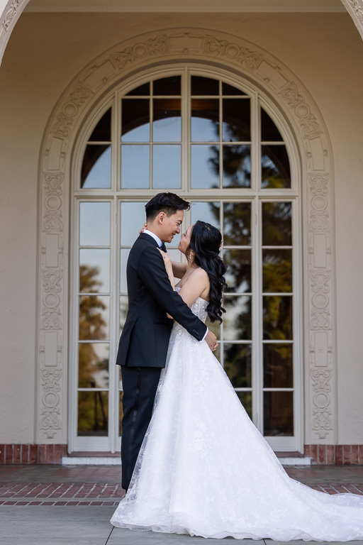 Villa Montalvo wedding portrait in front of large window