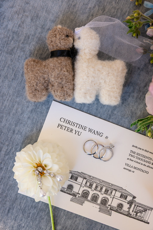 flat lay of wedding invitation and some cute alpacas
