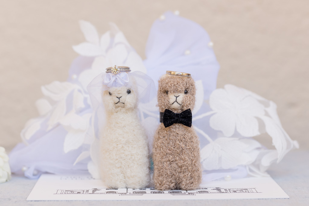 stuffed alpacas dressed up like a bride and groom
