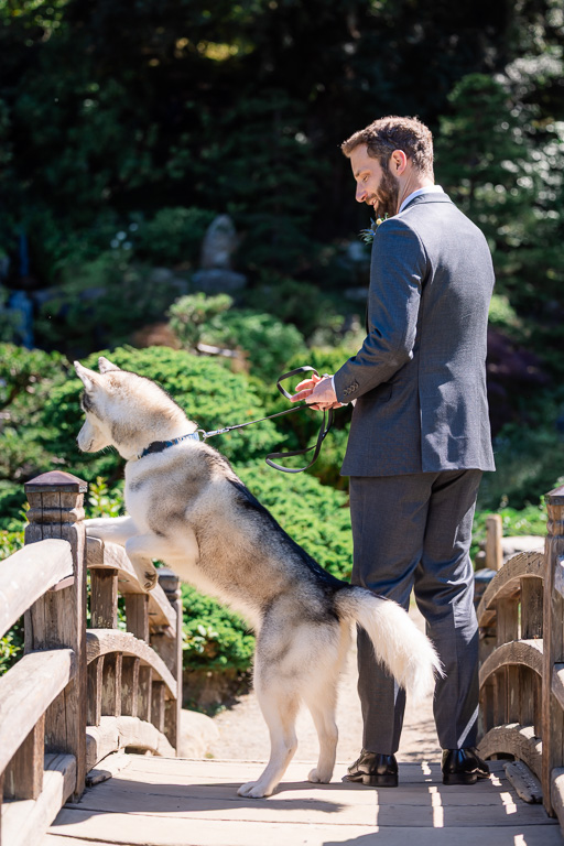groom and Husky looking over wooden bridge