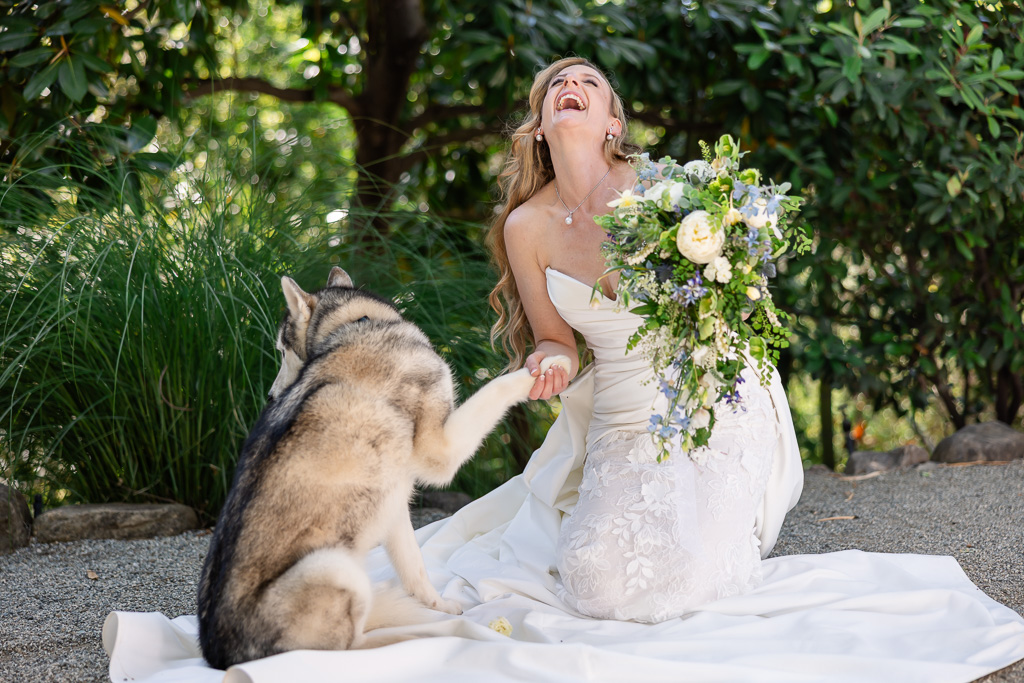 laughing bride and her dog sharing a funny moment