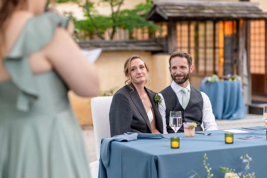 bride tearing up during bridesmaid speech