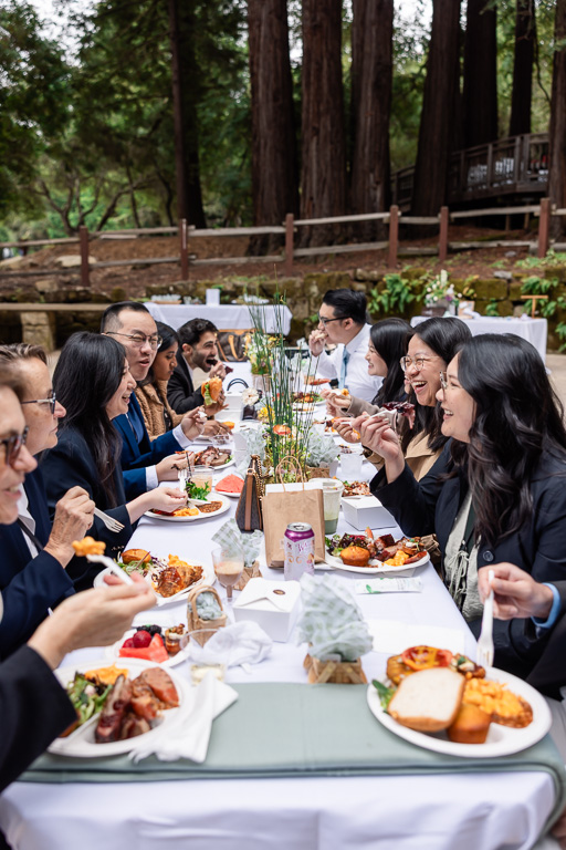 long dinner tables for outdoor wedding reception in the redwoods