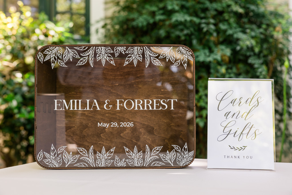 welcome table with custom wood and acrylic monogrammed card box