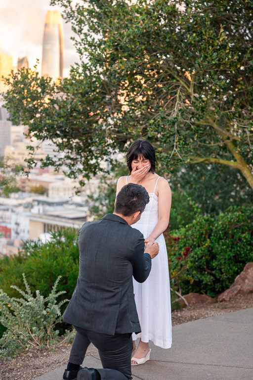 emotional proposal moment at Ina Coolbrith Park