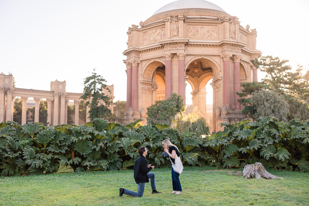 Palace of Fine Arts golden sunset surprise engagement proposal