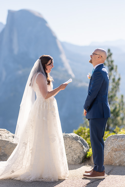 bride giving personal vows at Yosemite elopement